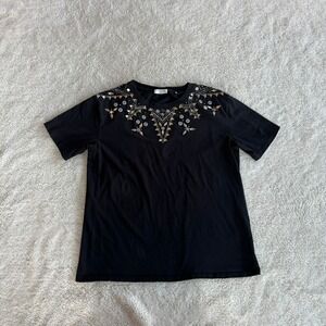 Sandro Paris Black Embellished Beaded Jewel Neck Short Sleeve T-Shirt No Size
